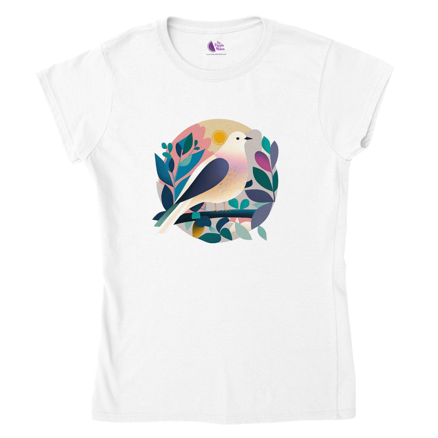 White t-shirt with colourful dove print on the front