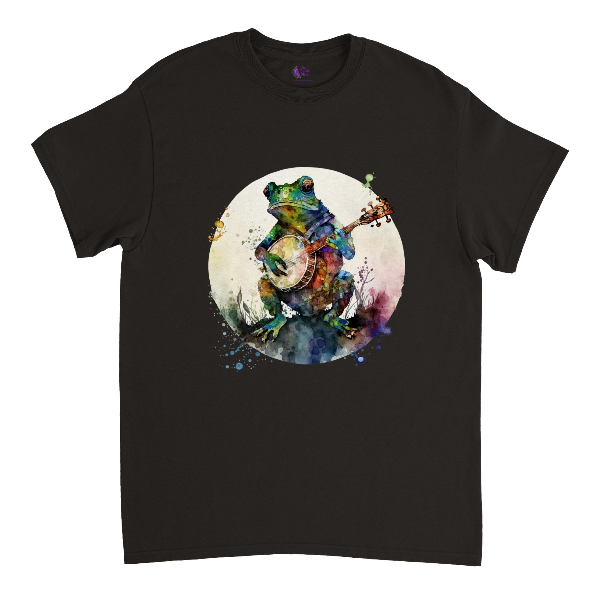 black t-shirt with a frog playing a banjo print