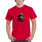 man wearing a red t-shirt with a bear riding a motor scooter
