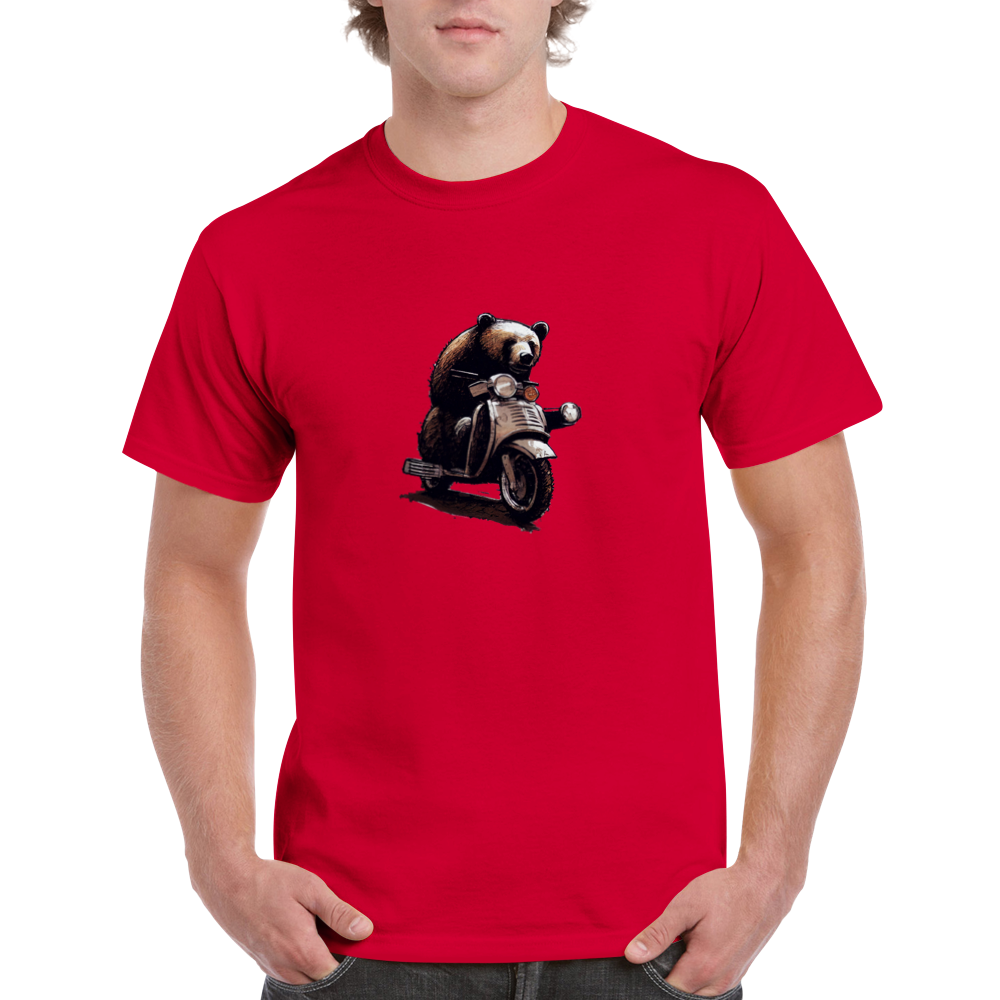 man wearing a red t-shirt with a bear riding a motor scooter