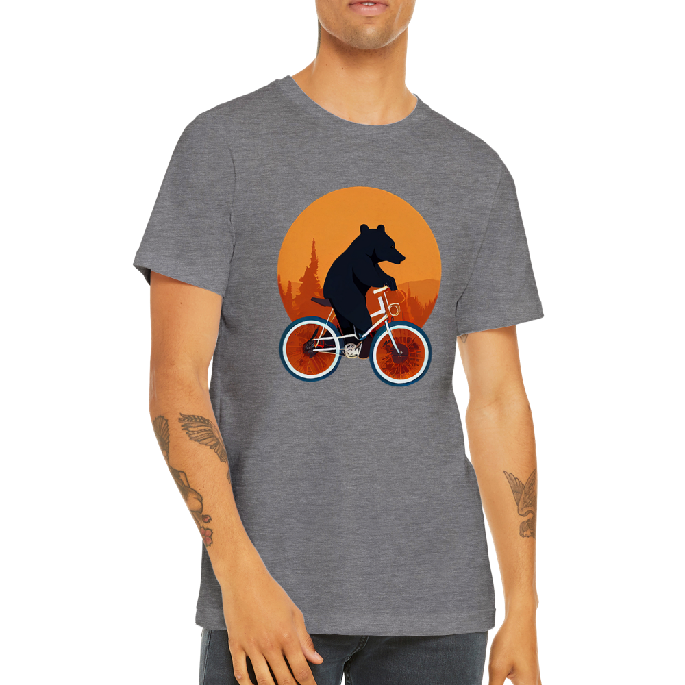 A guy  wearing a grey t-shirt with a bear riding a bike print