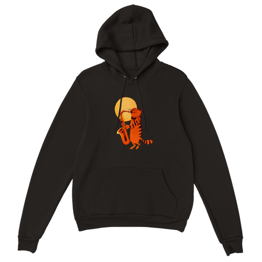 Cat Playing the Saxophone Under the Full Moon Premium Unisex Pullover Hoodie.