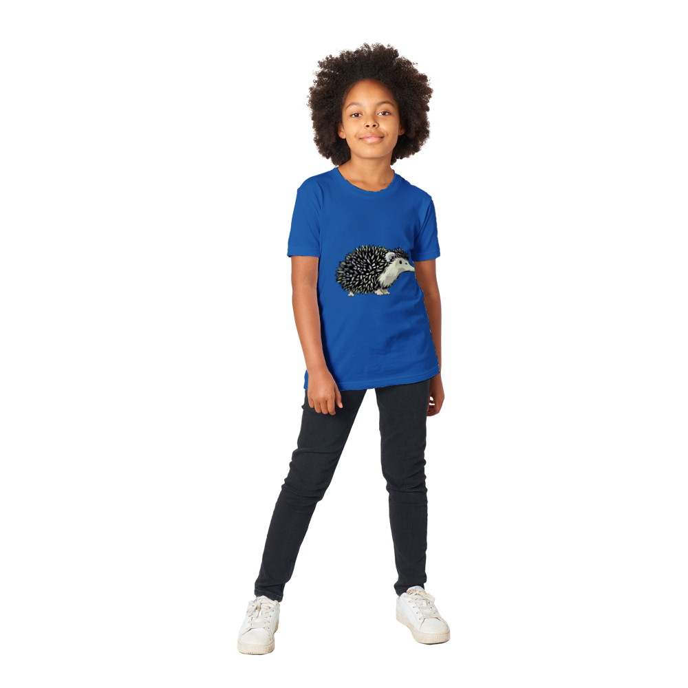 Kid wearing a royal blue t-shirt with cute hedgehog print