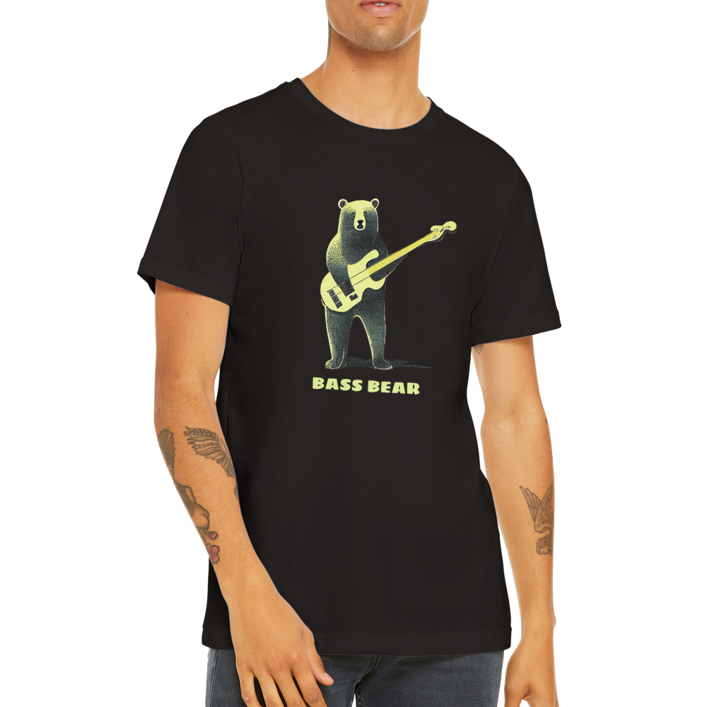 Man wearing a black t-shirt with a bear playing the bass guitar print