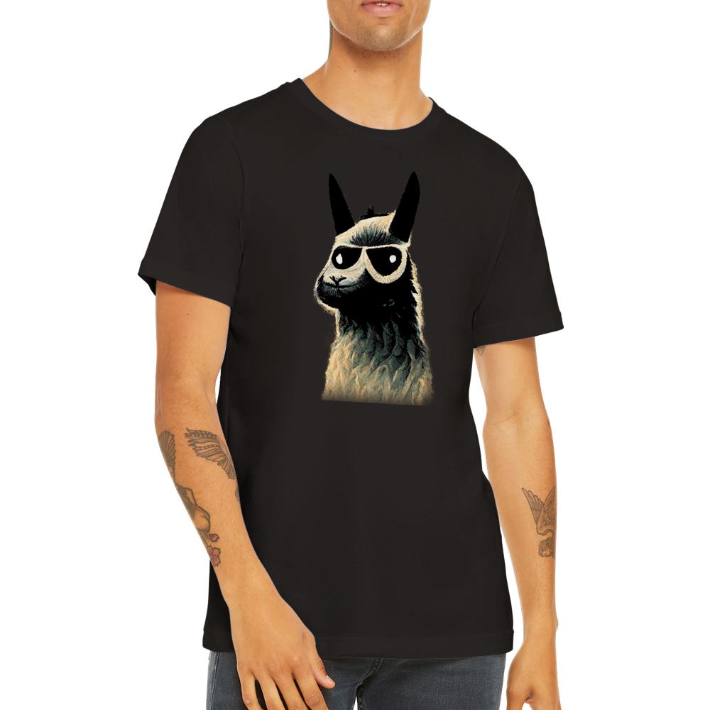 guy wearing a black t-shirt with a llama wearing sunglasses print