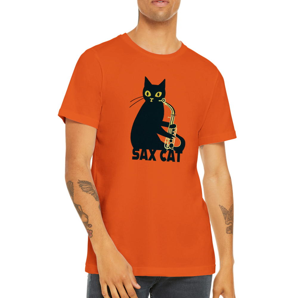 Orange t-shirt with a sax cat print