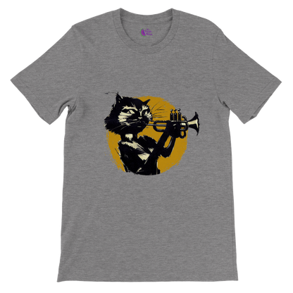 Grey t-shirt with a cat playing the trumpet print