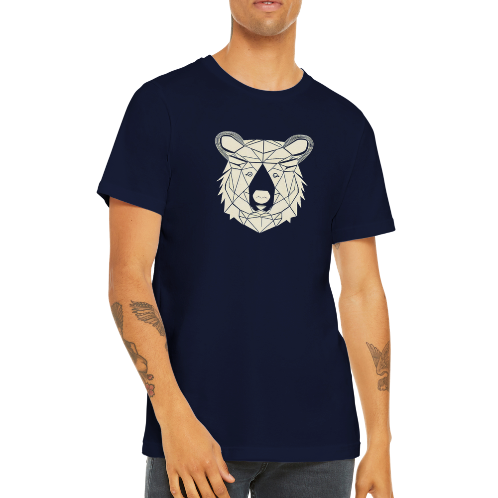 Guy wearing a navy t-shirt with a bear print