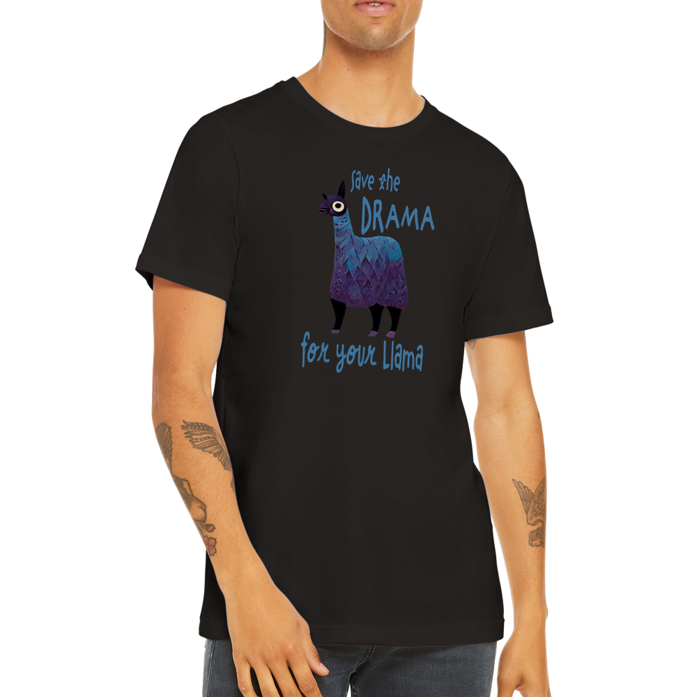 Guy wearing a black t-shirt with the caption Save the Drama For Your Llama and cute llama graphic.