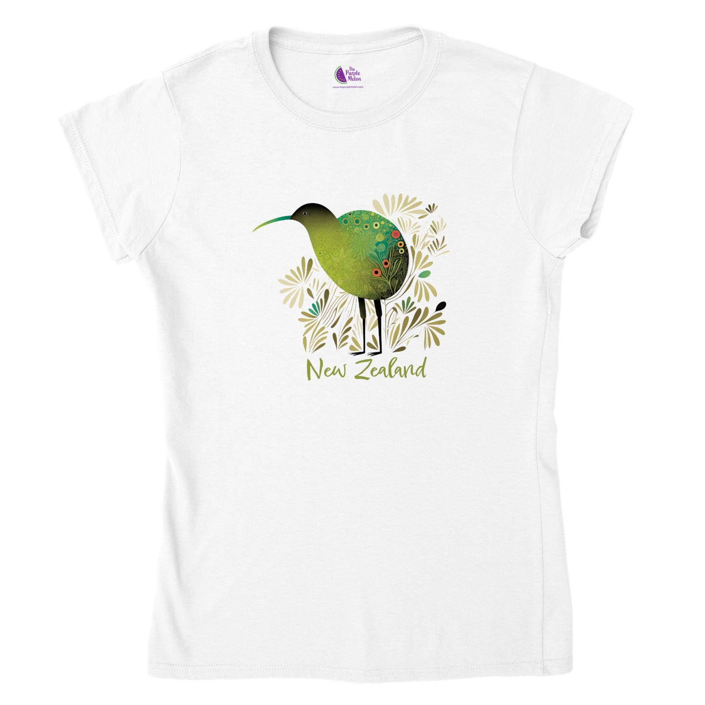 white t-shirt with a new zealand kiwi bird print