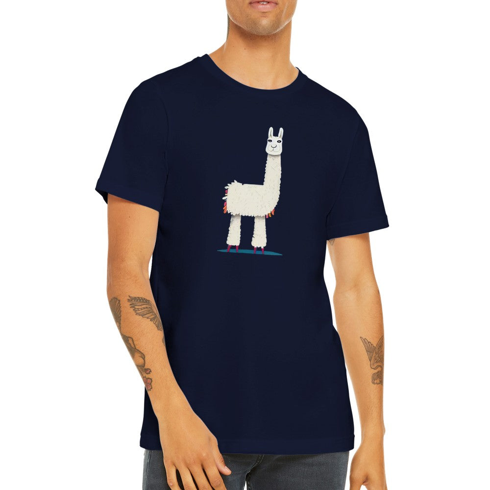 Guy wearing a navy blue t-shirt with a cute llama print