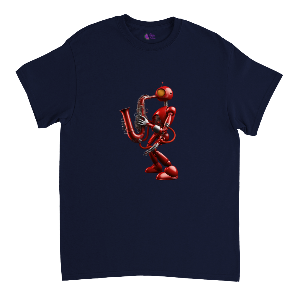Navy t-shirt with a red robot playing a saxophone