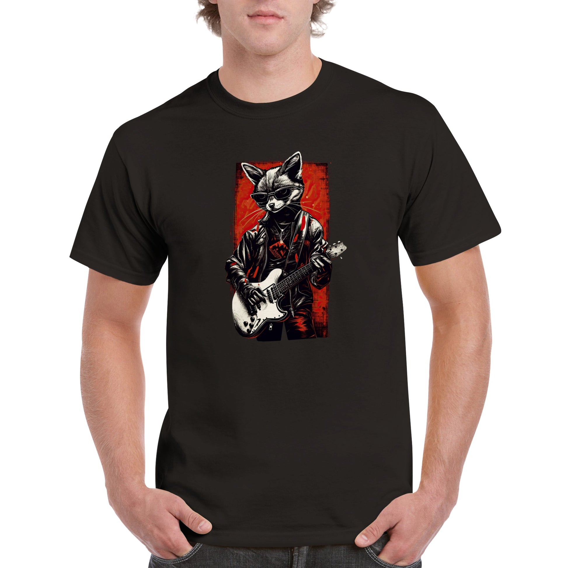 guy wearing a black t-shirt with a cool fox playing bass guitar print