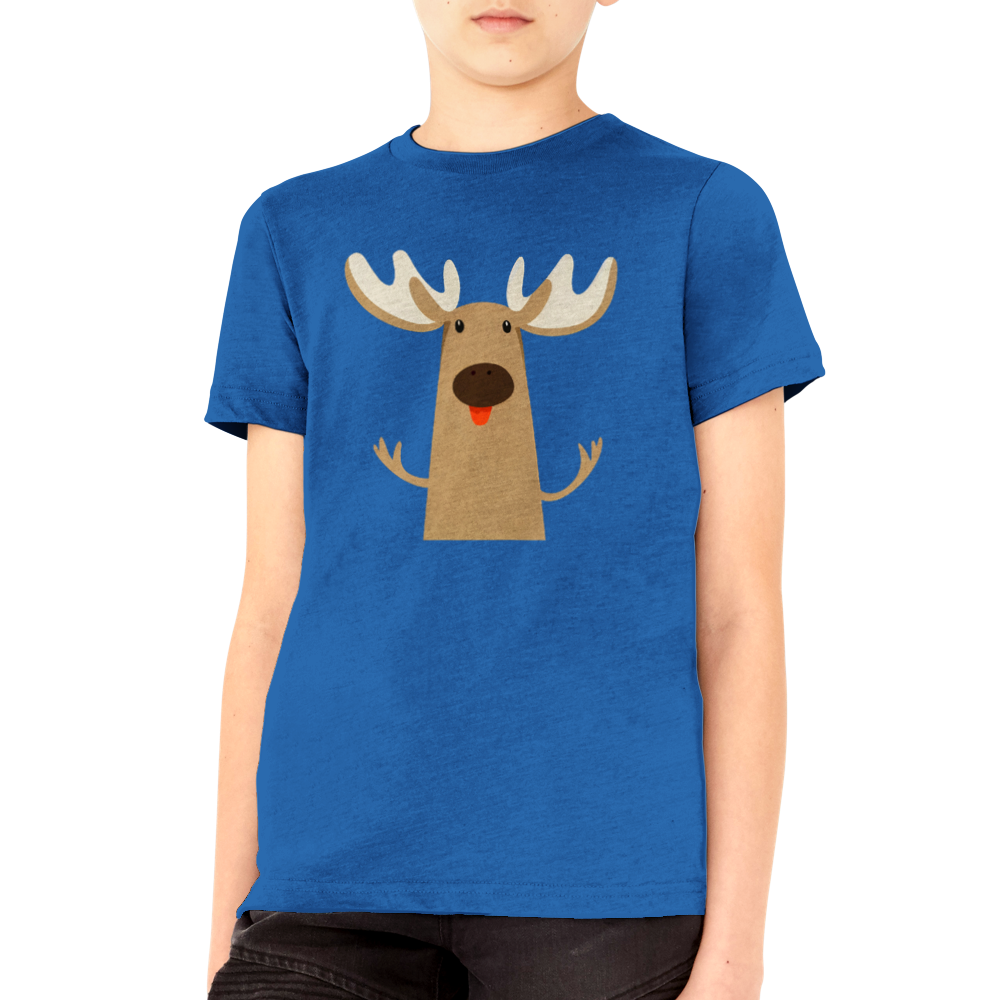 boy wearing royal blue t-shirt with cute moose print