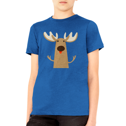 boy wearing royal blue t-shirt with cute moose print