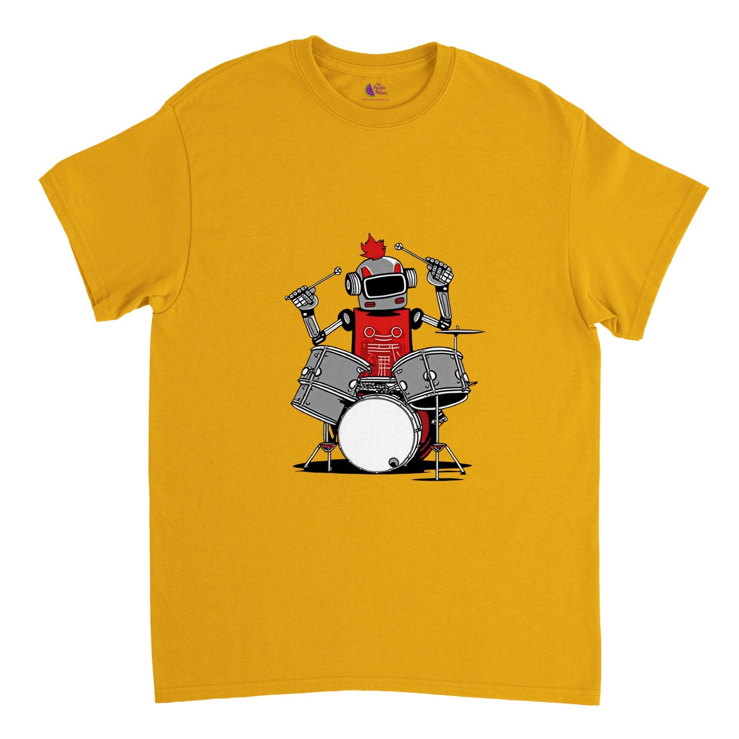 Gold t-shirt with a robot playing the drums graphic