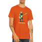 Man wearing a orange t-shirt with a bear playing the bass guitar print