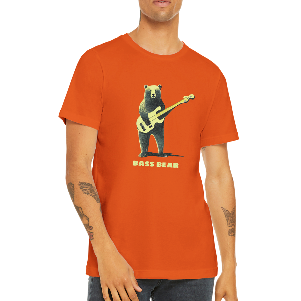 Man wearing a orange t-shirt with a bear playing the bass guitar print