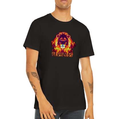 black t-shirt with a flaming lion and fearless caption print