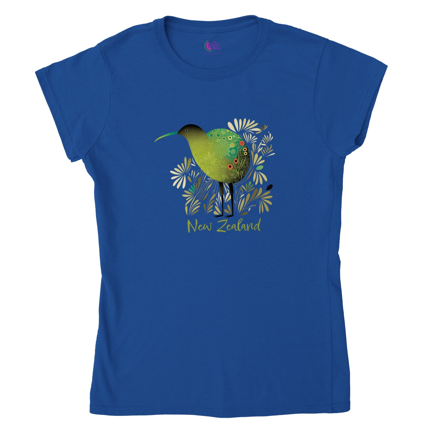 blue t-shirt with a new zealand kiwi bird print