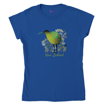 blue t-shirt with a new zealand kiwi bird print