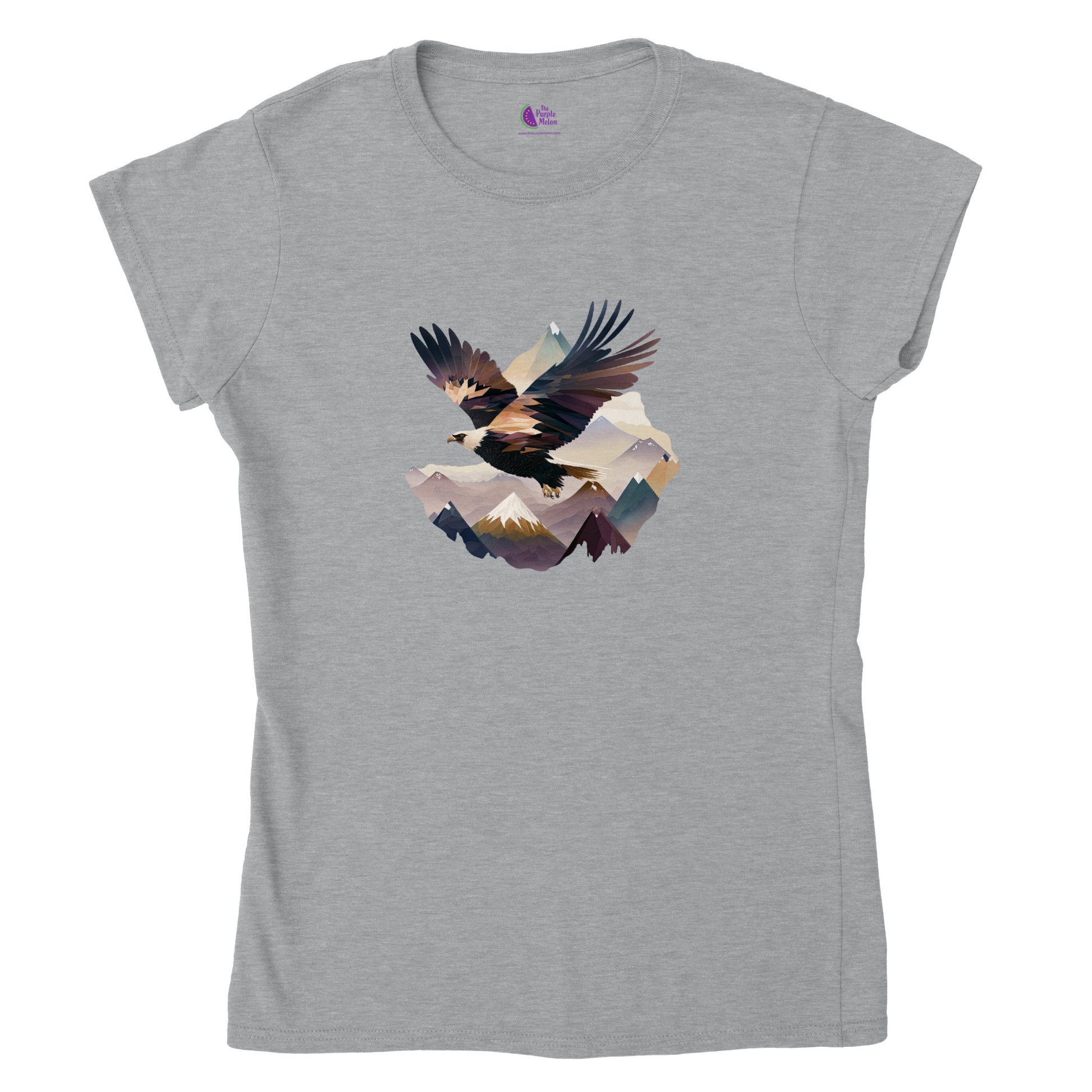 Grey t-shirt with an eagle flying over a mountain range print