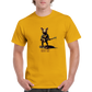 A guy wearing a gold t-shirt with a print of a rat playing the banjo print on the front