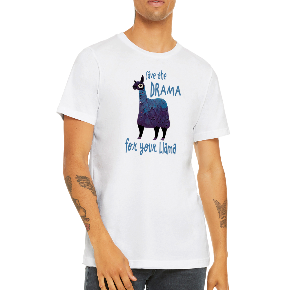 Guy wearing a white t-shirt with the caption Save the Drama For Your Llama and cute llama graphic.
