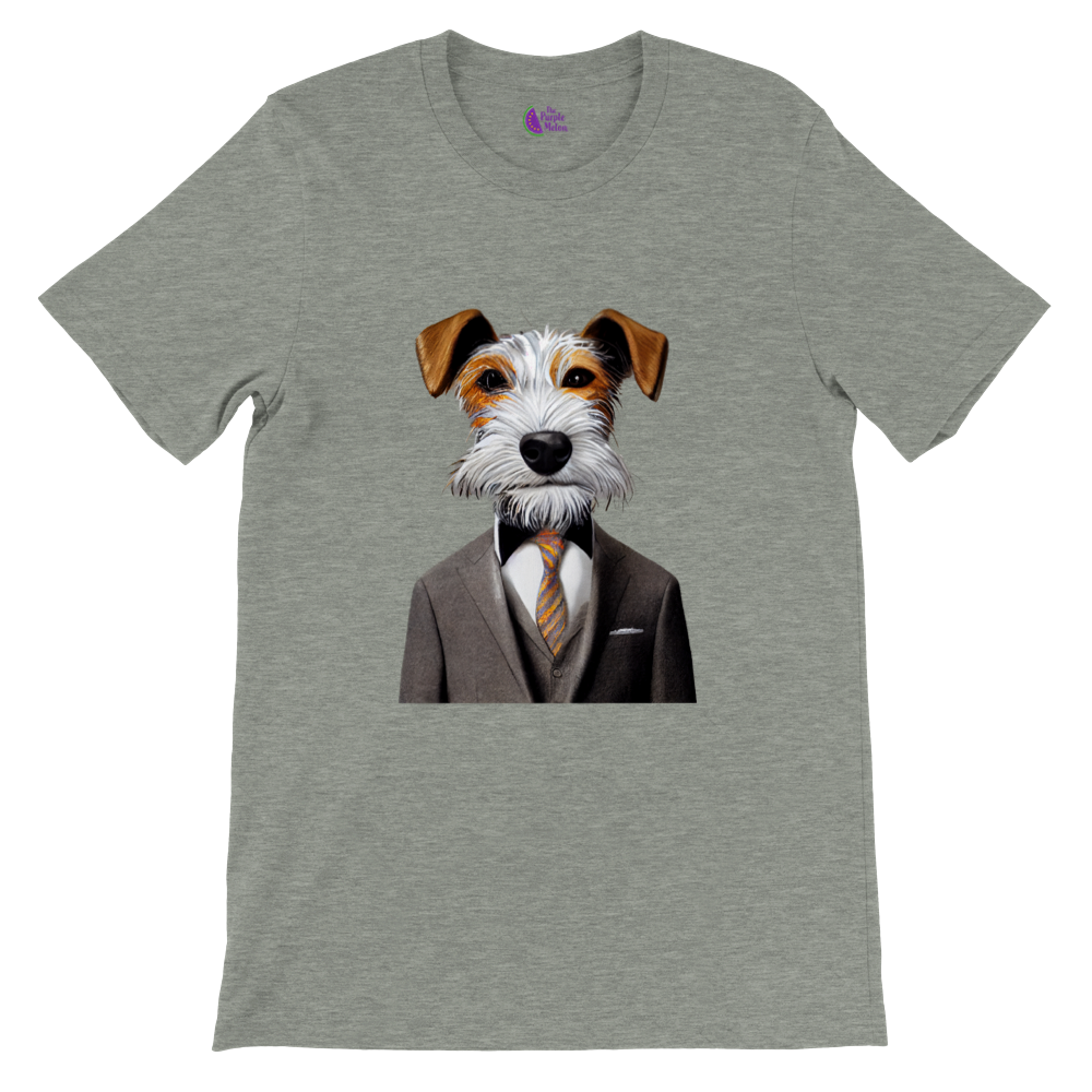grey t-shirt with a fox terrier in a suit print