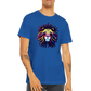 A guy wearing a royal blue t-shirt with a colourful lion with dreadlocks print