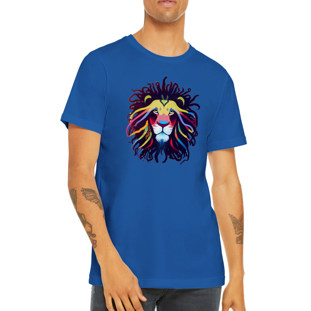 A guy wearing a royal blue t-shirt with a colourful lion with dreadlocks print