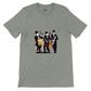 grey t-shirt with a pop-art jazz trio print