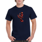 A guy wearing a navy t-shirt with a red robot playing a saxophone