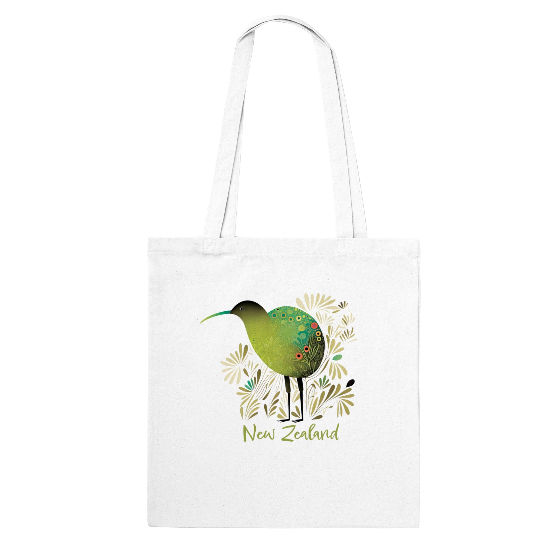 White tote bag with New Zealand Kiwi bird print