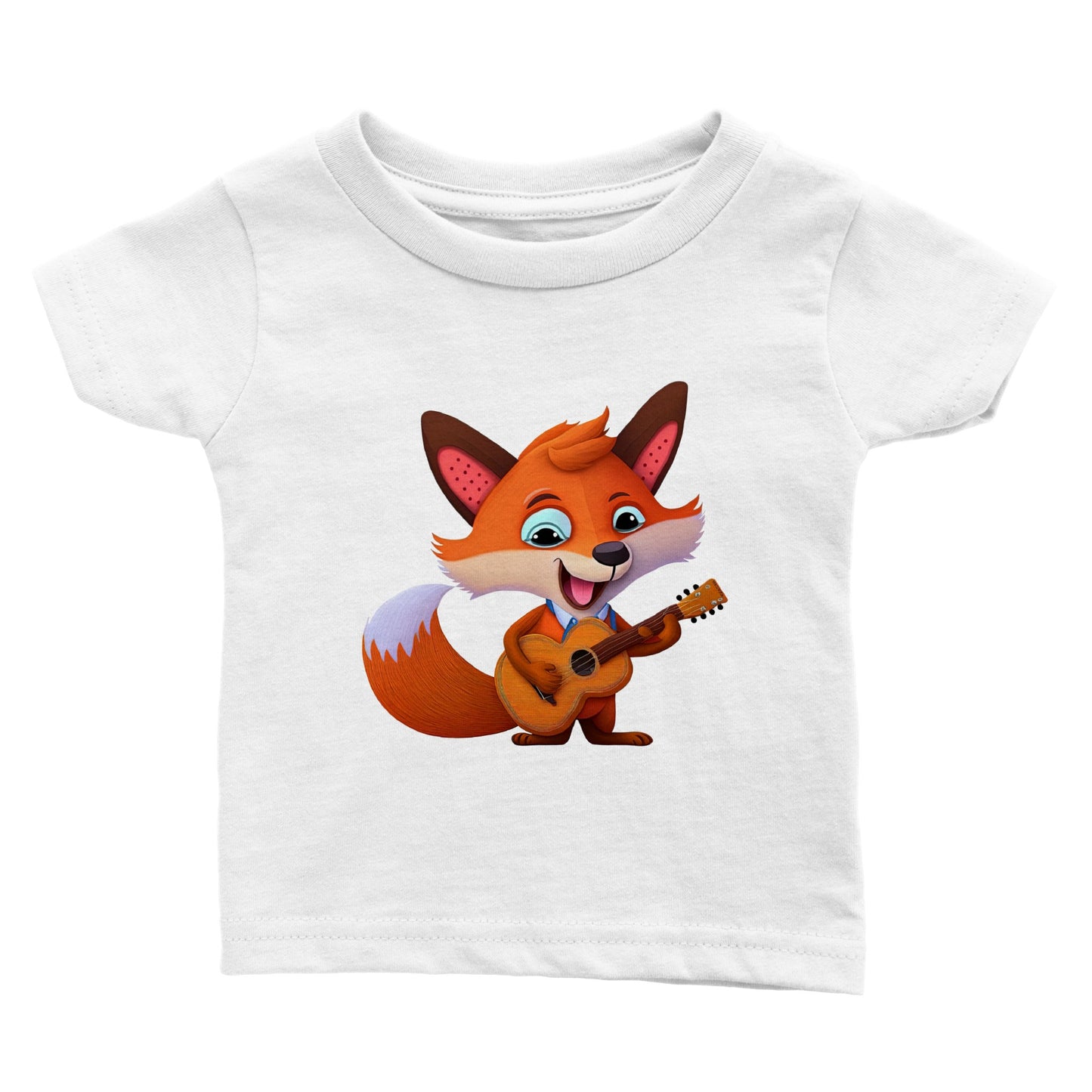 Babies white t-shirt with cute fox playing a guitar