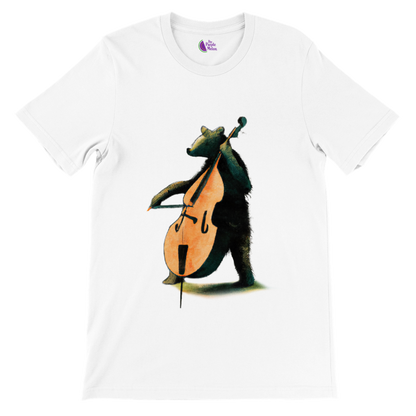 White t-shirt with a bear playing the double bass print