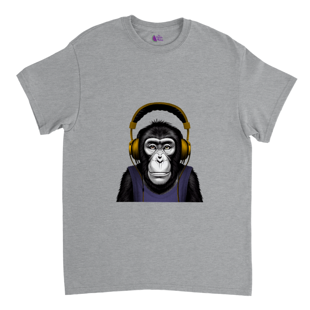 grey t-shirt with a chimp wearing headphones listening to music print
