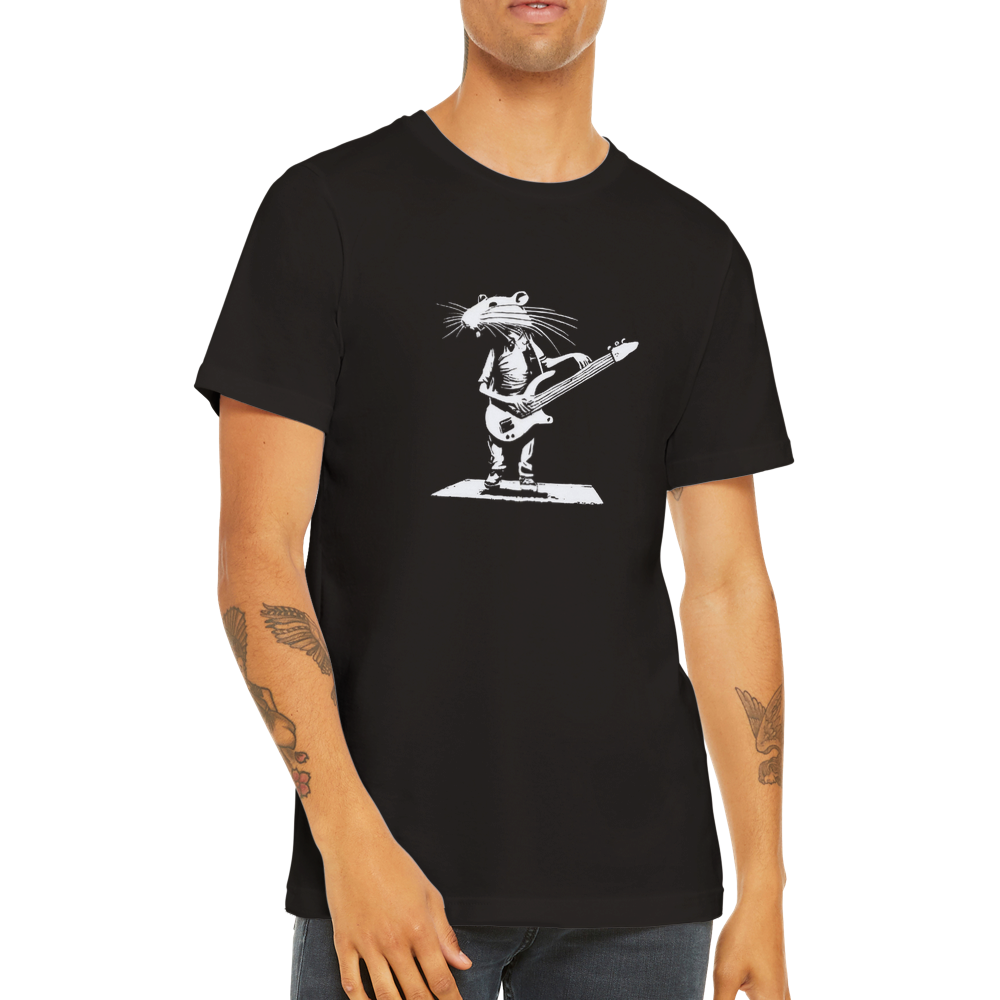 Guy wearing a black t-shirt with a rat playing bass guitar print