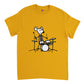 gold t-shirt with a mouse playing drums print