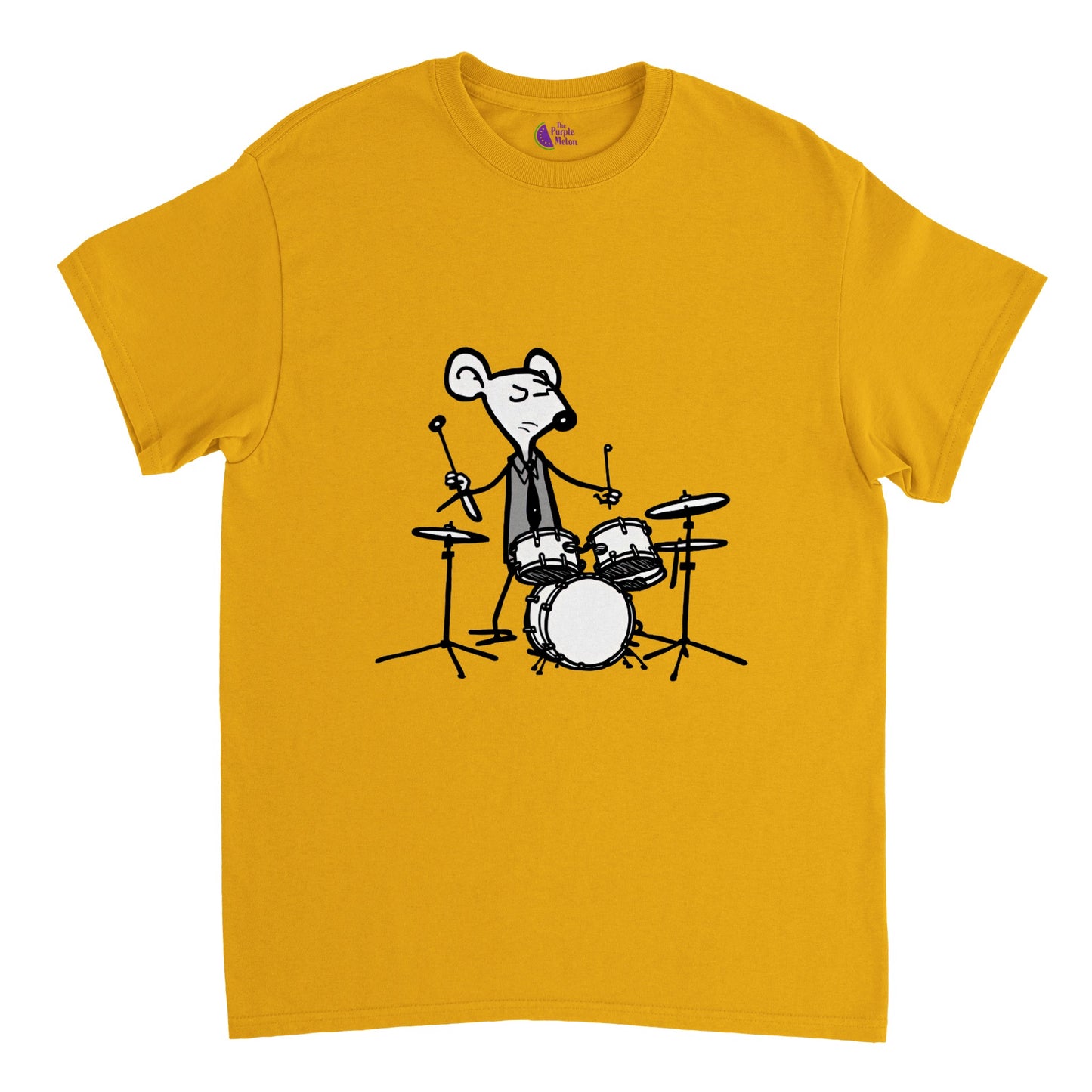 gold t-shirt with a mouse playing drums print