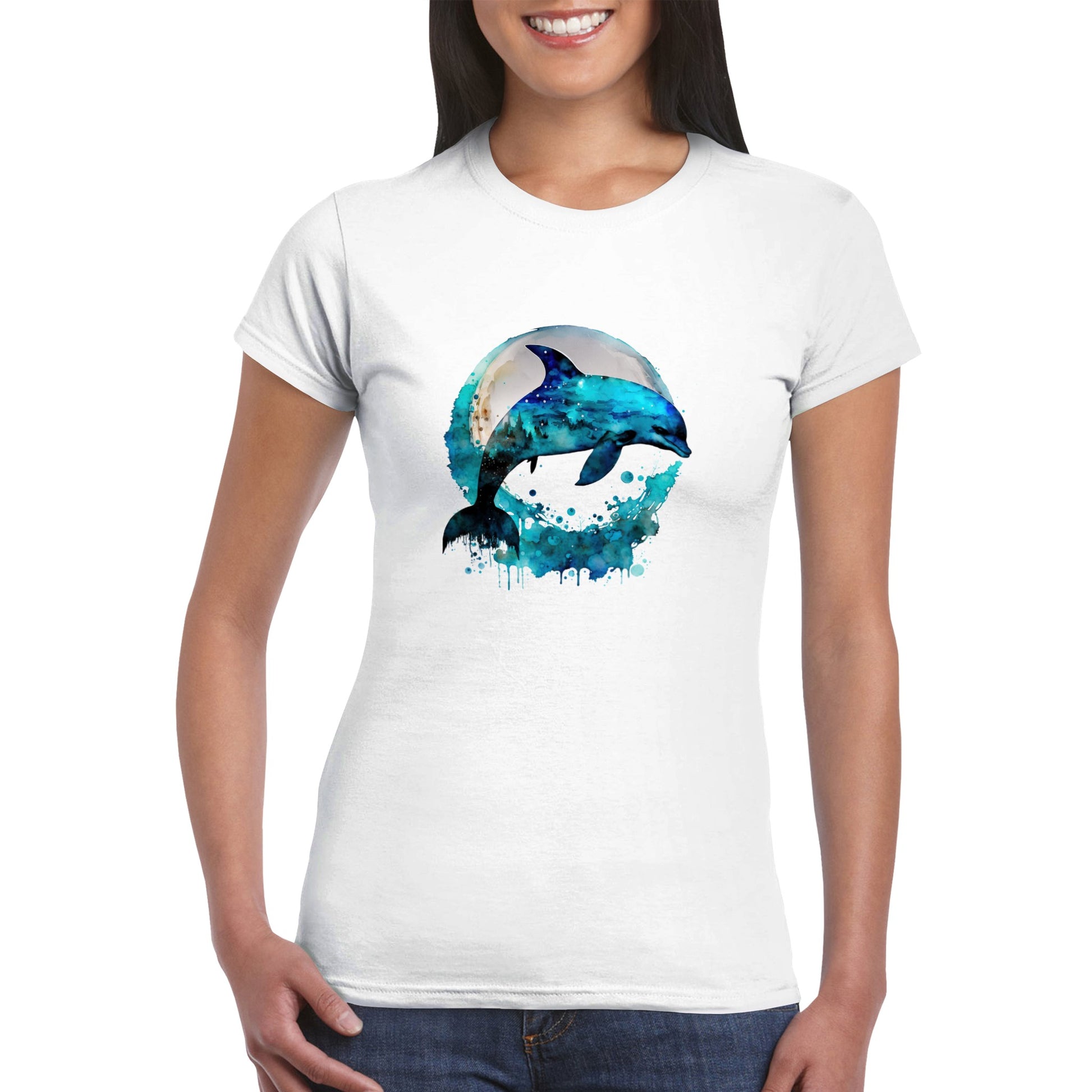 woman wearing a white t-shirt with a dolphin print
