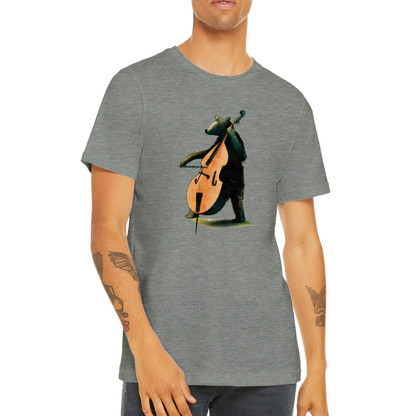 Man wearing a grey t-shirt with a bear playing the double bass print