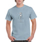 guy wearing a light blue t-shirt with smiling robot illustration