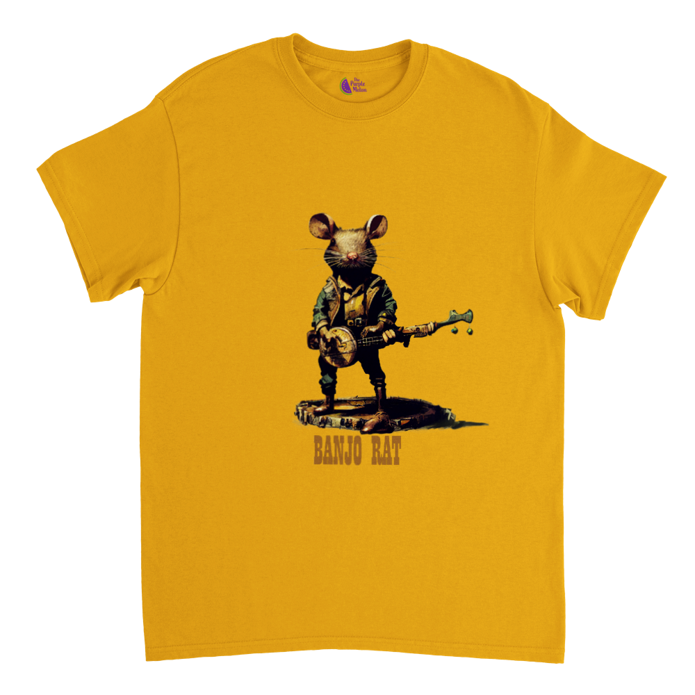 Gold t-shirt with a print of a rat playing the banjo print on the front