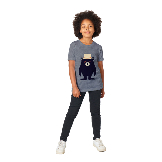 Kid wearing a grey t-shirt with a cute bear print