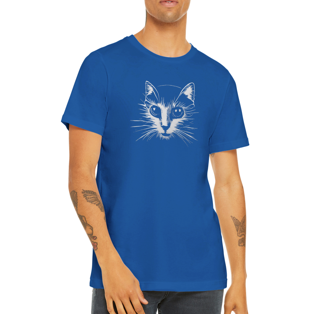 guy wearing a royal blue t-shirt with a cat print