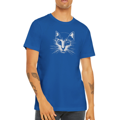 guy wearing a royal blue t-shirt with a cat print