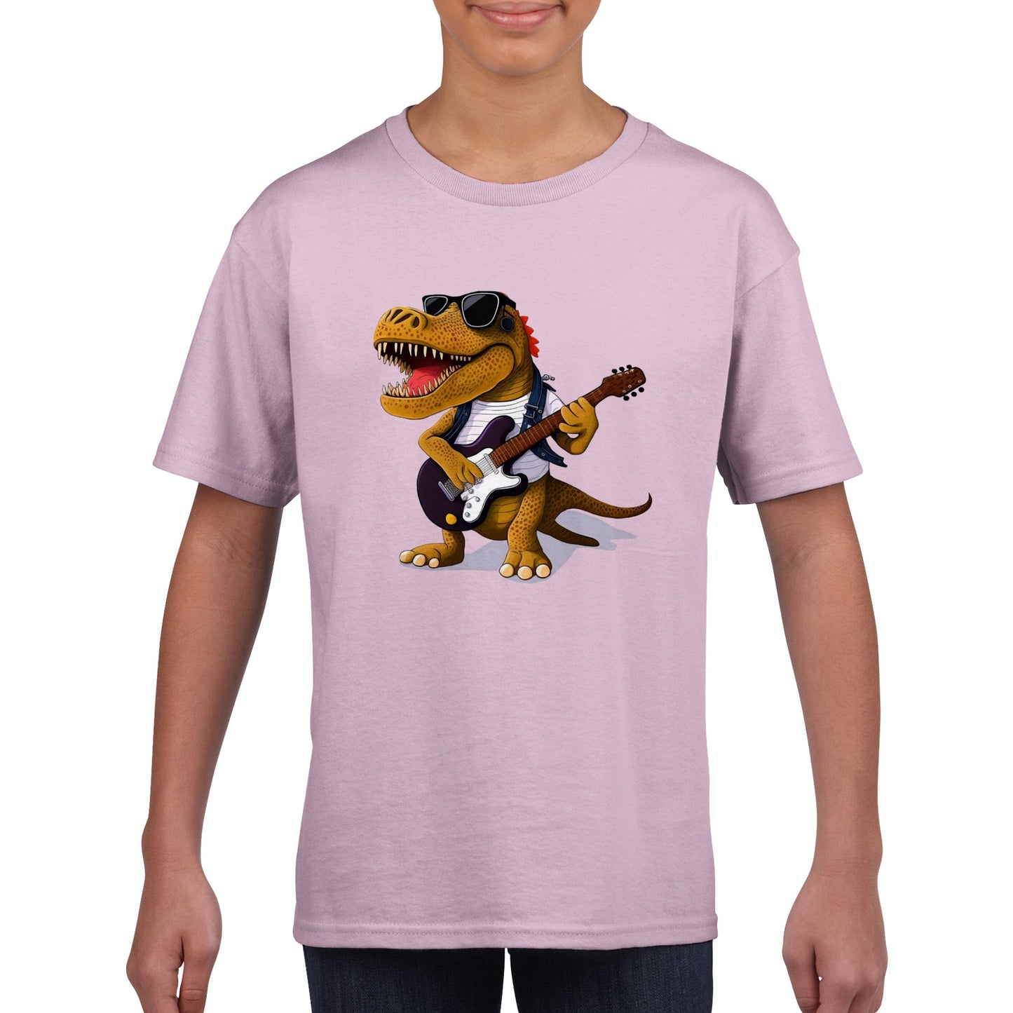 Boy wearing a pink t-shirt with a rockstar dino playing the guitar print