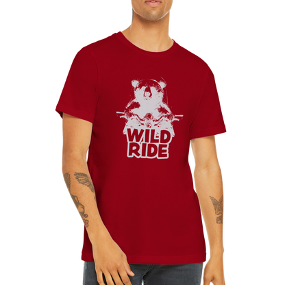 Guy wearing a red t-shirt with a bear on a bike with Wild Ride caption