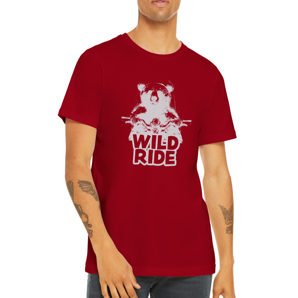 Guy wearing a red t-shirt with a bear on a bike with Wild Ride caption